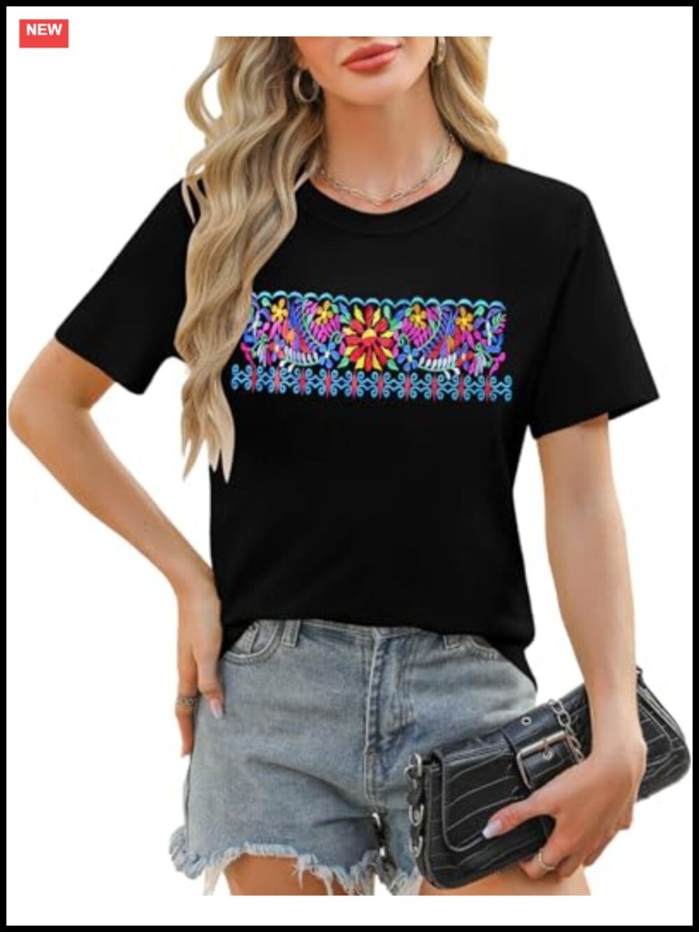 Mexican Floral Embroidered Women's Short Sleeve Crew Neck Boho Party T-Shirt Top
